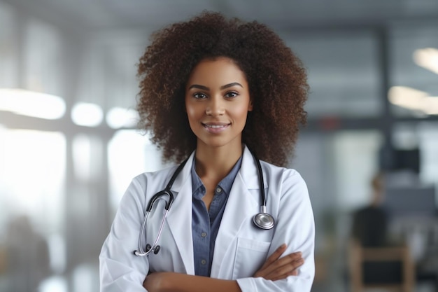 médecin noire souriante avec stéthoscope avec le bras croisé