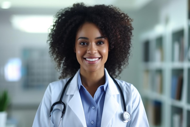 médecin noire souriante avec stéthoscope avec le bras croisé