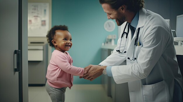 Photo le médecin pédiatre et le bébé sourient.