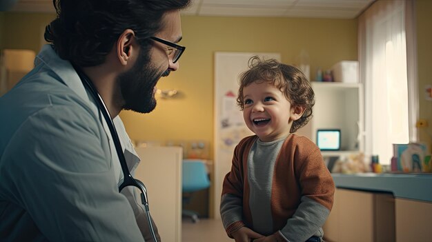 Photo le médecin pédiatre et le bébé sourient.