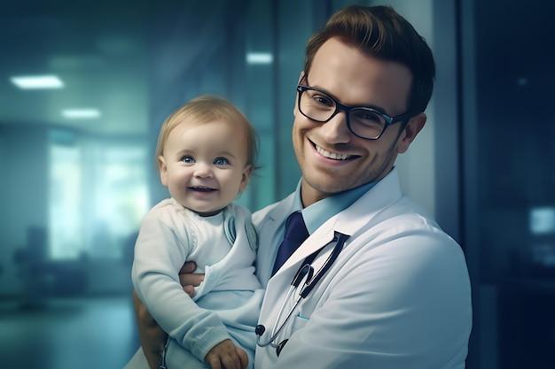 médecin ou pédiatre heureux avec bébé à la clinique