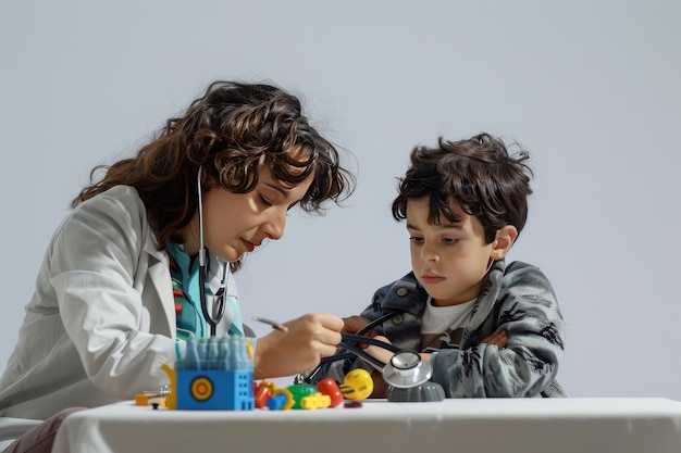 Médecin en pédiatrie sur fond blanc