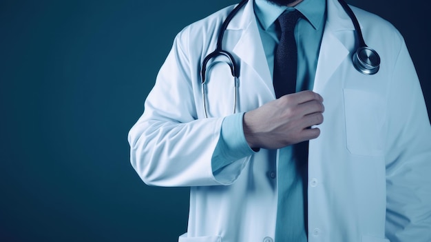 Un médecin portant une blouse blanche et un stéthoscope se tient devant un fond bleu.