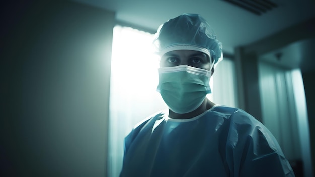 Un médecin portant un masque et des lunettes se tient dans une pièce sombre.