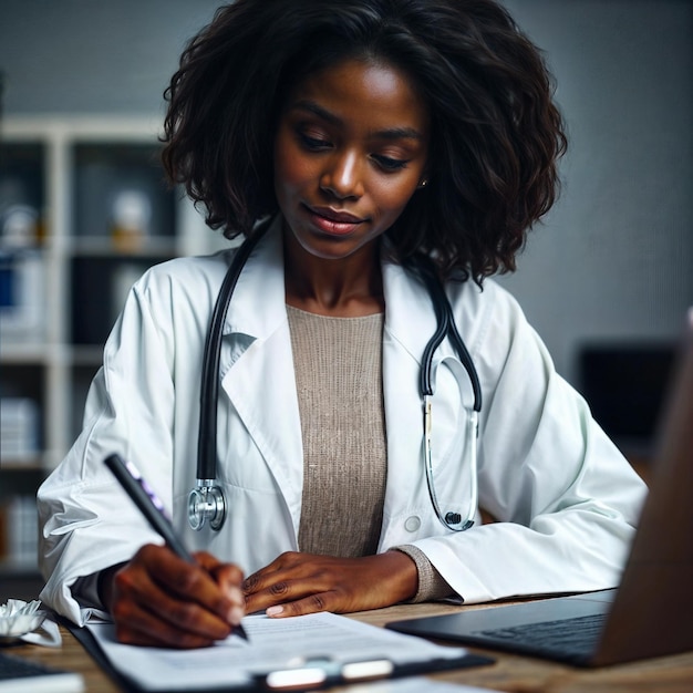 Une médecin prend des notes sur le bloc-notes devant un ordinateur portable