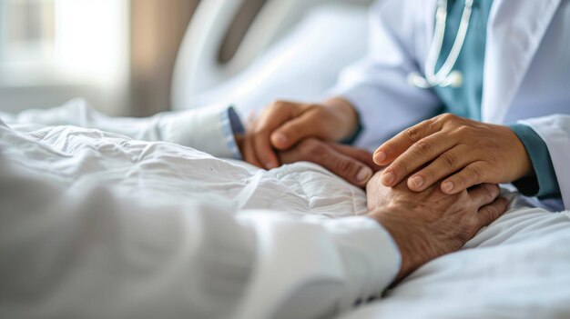 Une médecin réconforte un patient masculin dans un lit d'hôpital à partir de la vue de la section médiane