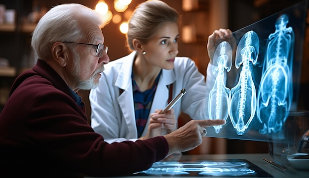 Un médecin regardant un film radiographique avec un homme âgé dans un hôpital Concept de technologie médicale