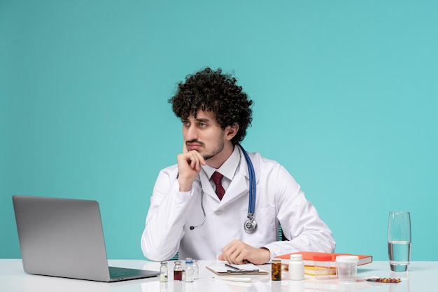 Médecin sérieux mignon beau médecin travaillant sur ordinateur en blouse de laboratoire pensant