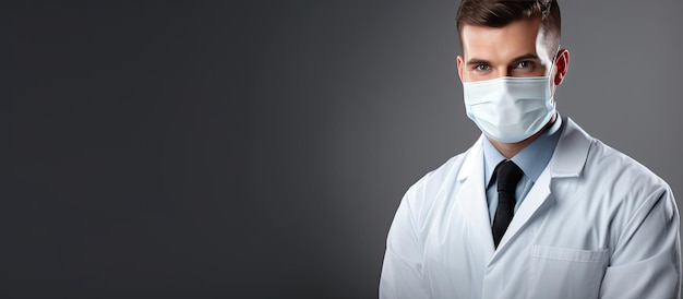 Un médecin de sexe masculin en blouse blanche, masque médical et gants regarde la caméra sur fond gris isolé avec espace de copie