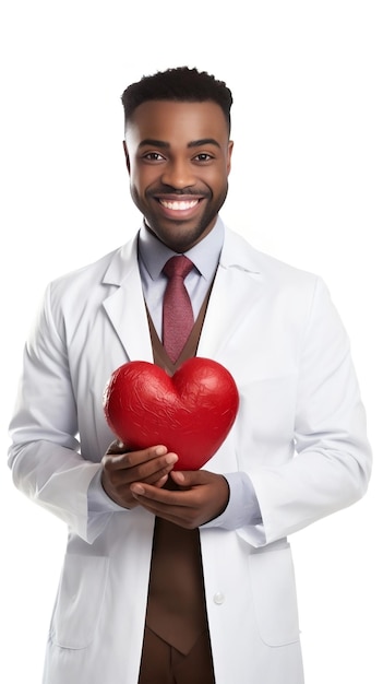 Médecin de sexe masculin debout souriant tenant un grand coeur rouge
