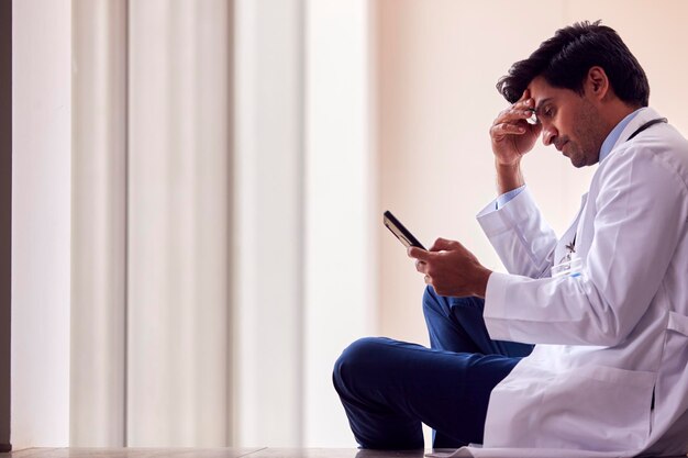 Médecin de sexe masculin stressé portant un manteau blanc assis sur le sol dans le couloir de l'hôpital avec téléphone portable