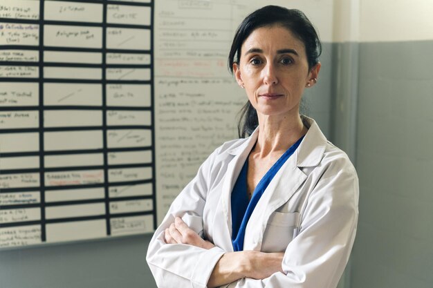 Photo médecin souriant debout à l'hôpital et regardant la caméra