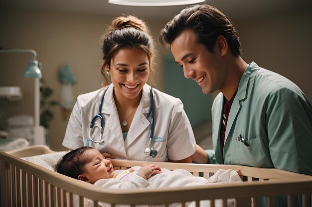 Un médecin souriant et une infirmière regardent un nouveau-né dans un berceau