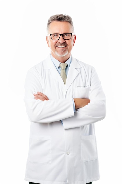 Photo un médecin souriant avec des lunettes et un manteau de laboratoire blanc