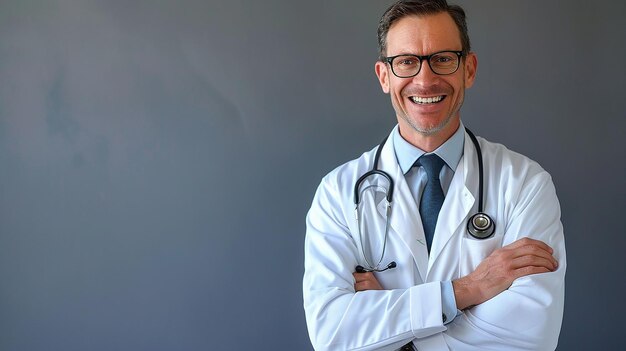 un médecin souriant avec des lunettes et un stéthoscope sur son cou