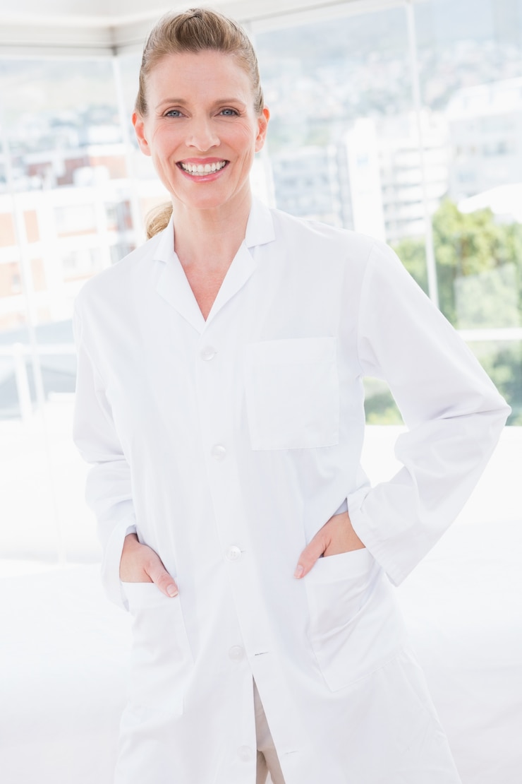Photo médecin souriant, regardant la caméra avec les mains dans les poches