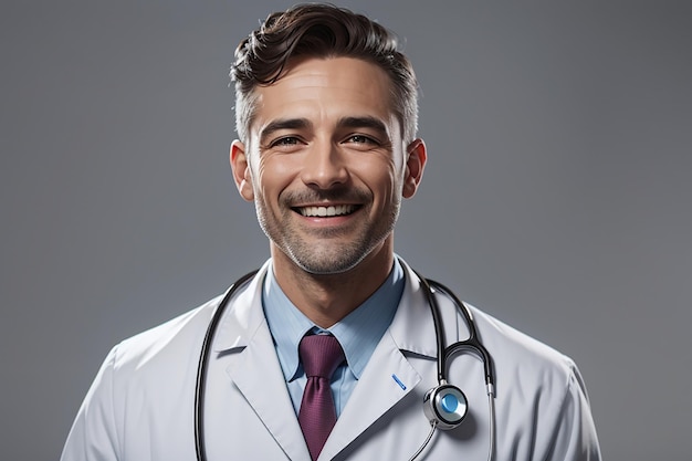 un médecin souriant avec un stréthoscope isolé sur le gris