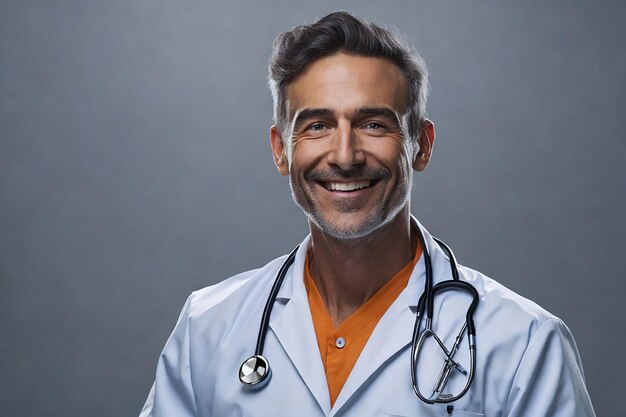 un médecin souriant avec un stréthoscope isolé sur le gris