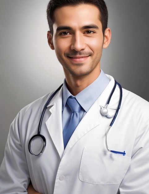 médecin souriant en uniforme blanc debout avec les mains croisées