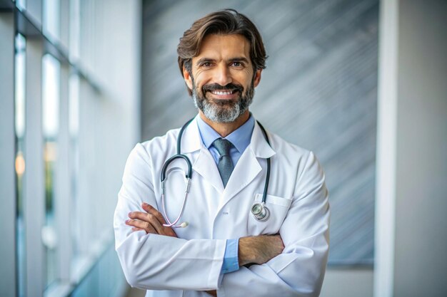 un médecin avec un stéthoscope sur son cou se tient devant un mur d'hôpital