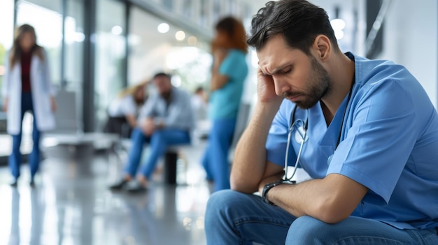 Un médecin stressé assis dans le couloir d'un hôpital à l'arrière-plan flou