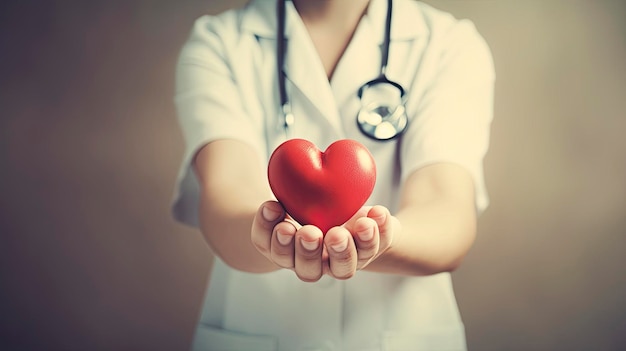 Un médecin tenant un coeur rouge dans ses mains