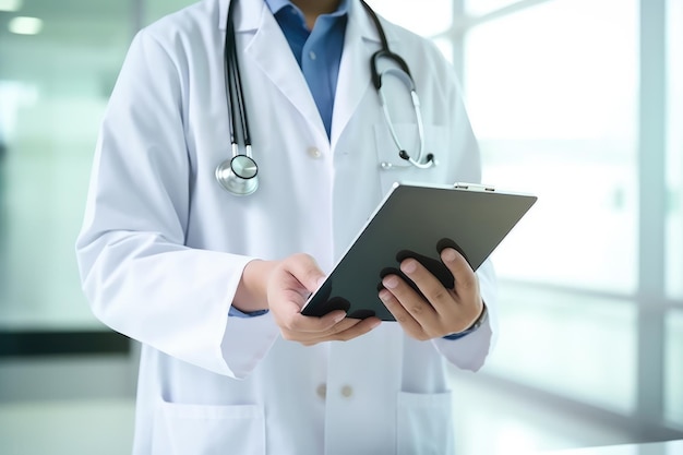 Un médecin tenant un presse-papiers devant la fenêtre d'un hôpital.