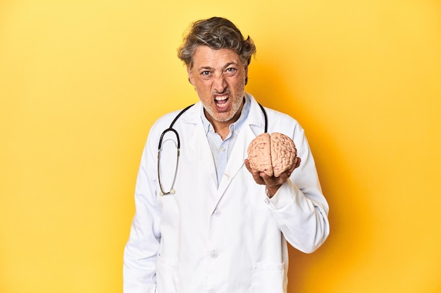 Médecin tenant une toile de fond de studio jaune modèle de cerveau criant très en colère et agressif
