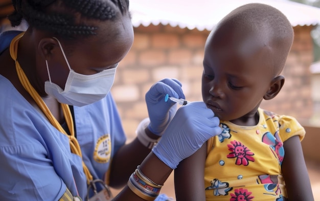 Un médecin en tenue de protection administre tendrement un vaccin à un jeune enfant, reflétant les efforts mondiaux pour protéger la santé.
