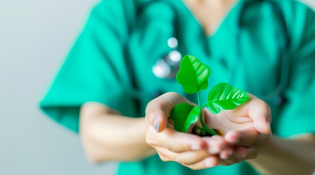 Le médecin tient dans ses mains un pictogramme d'une croix verte, le symbole de la santé.