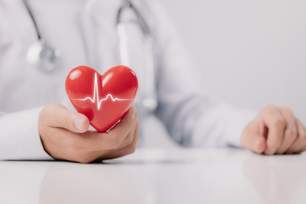 Photo le médecin tient et montre un coeur rouge avec un graphique de la vie sur fond blanc.