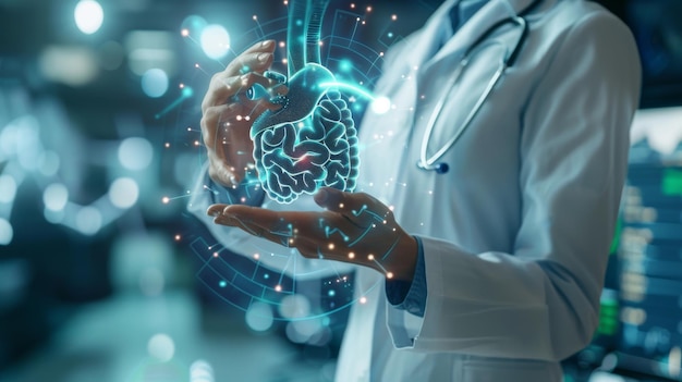 Photo une médecin tient des vésicules et des reins virtuels dans sa main une photo floue des organes humains dessinés à la main sont mis en évidence en bleu comme symbole de rétablissement