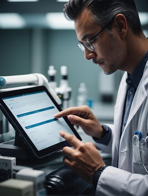 Photo un médecin touchant un dossier médical électronique sur une tablette