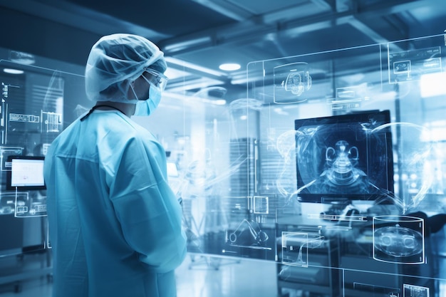Médecin travaillant dans un hôpital futuriste Belle image d'illustration AI générative