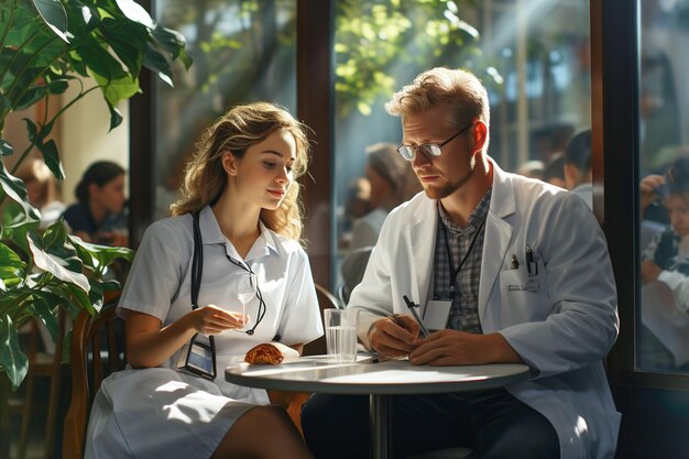 Un médecin et une travailleuse médicale assis à une table. Personnel de repos à l'hôpital.