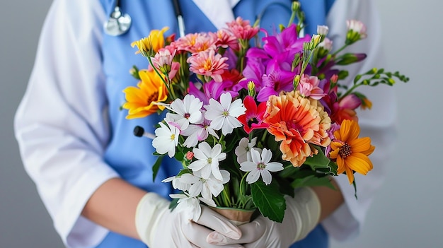 Photo un médecin en uniforme bleu tient un bouquet de fleurs