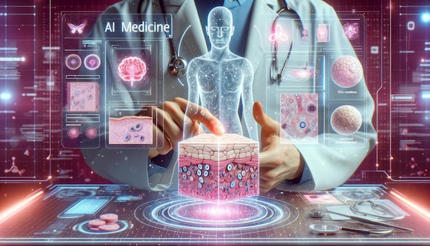 Le médecin utilisant un hologramme de panneau de diagnostic de haute technologie le corps humain la science médicale moderne dans le futur