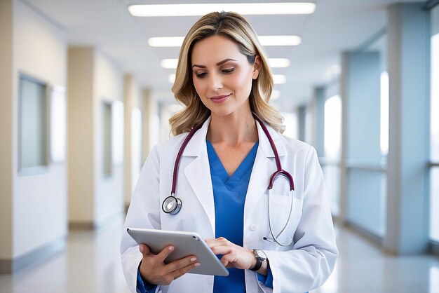 Photo une médecin utilisant une tablette dans le hall de l'hôpital