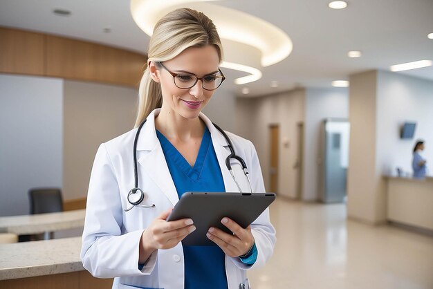 Photo une médecin utilisant une tablette dans le hall de l'hôpital