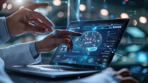 Photo le médecin utilise un ordinateur portable pour les dossiers médicaux neurologie adn soins de santé futuristes