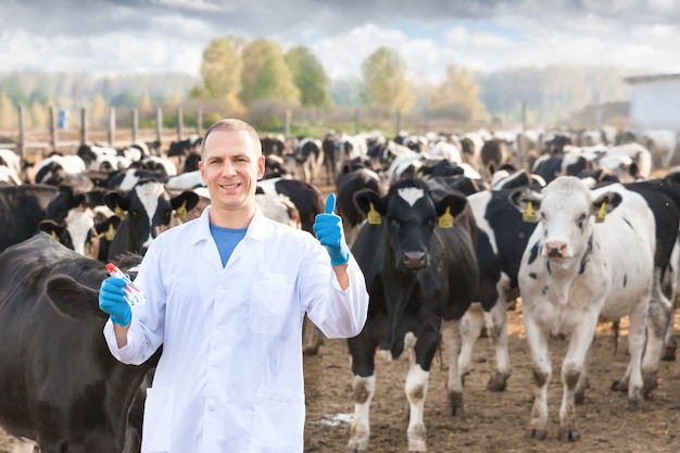 Médecin vétérinaire au ranch avec les résultats des tests. Aliments et boissons sains.