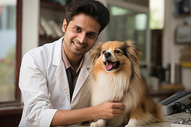 Médecin vétérinaire indien avec un chien à l'intérieur de la clinique avec une expression heureuse