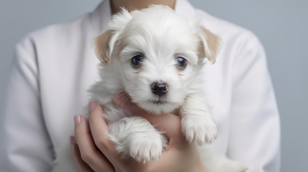 Médecin vétérinaire tenant un petit chiot en gros plan générative ai