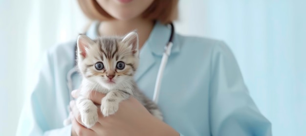 Le médecin vétérinaire tient un petit chaton généré par l'IA