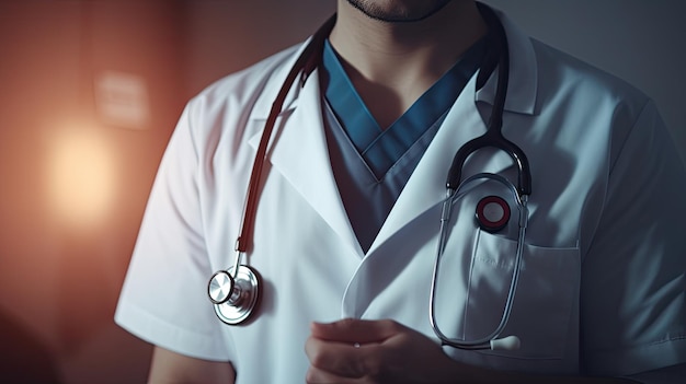 Un médecin vêtu d'une blouse blanche et d'un stéthoscope se tient dans une pièce sombre.