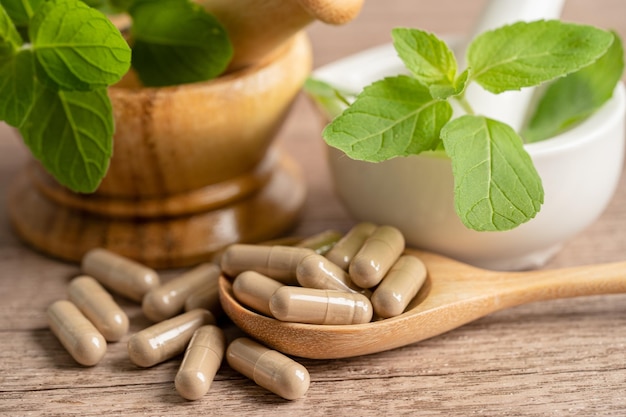 Médecine alternative capsule biologique à base de plantes avec de la vitamine E oméga 3 huile de poisson médicament minéral avec des suppléments naturels de feuilles d'herbes pour une bonne vie saine