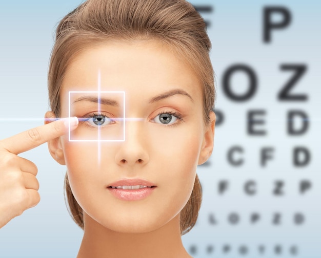 Photo médecine, contrôle de la vue, correction au laser, concept de personnes et de santé - belle jeune femme pointant le doigt vers son œil et sur fond bleu avec tableau des yeux