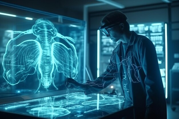 Médecine du futur Docteur en médecine utilisant une interface futuriste médicale numérique Le réseau de neurones fluorescents moléculaires et l'ADN sont utilisés en médecine Laboratoire de diagnostic d'analyse de soins de santé