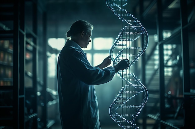 Médecine du futur écran tactile de la tablette mobile Nanotechnologie et innovation holographique génie génétique Chercheur tenant un brin d'ADN en laboratoire Un médecin examine la chaîne dépliée