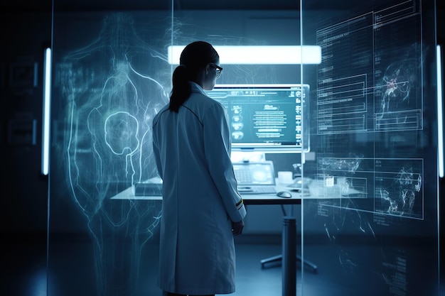 Médecine du futur Technologie de la santé et concept de mise en réseau ADN Santé numérique et mise en réseau sur l'hologramme Médecin futuriste Ingénierie et Medtech IA générative